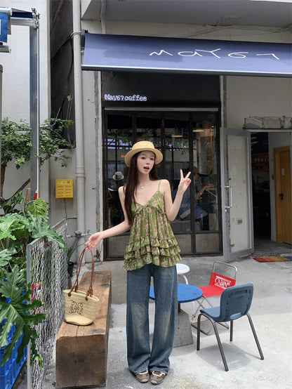 Green V Collar Chiffon Strap Floral Top