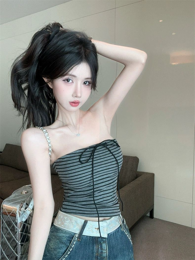Black Stripe Grey Tube Top