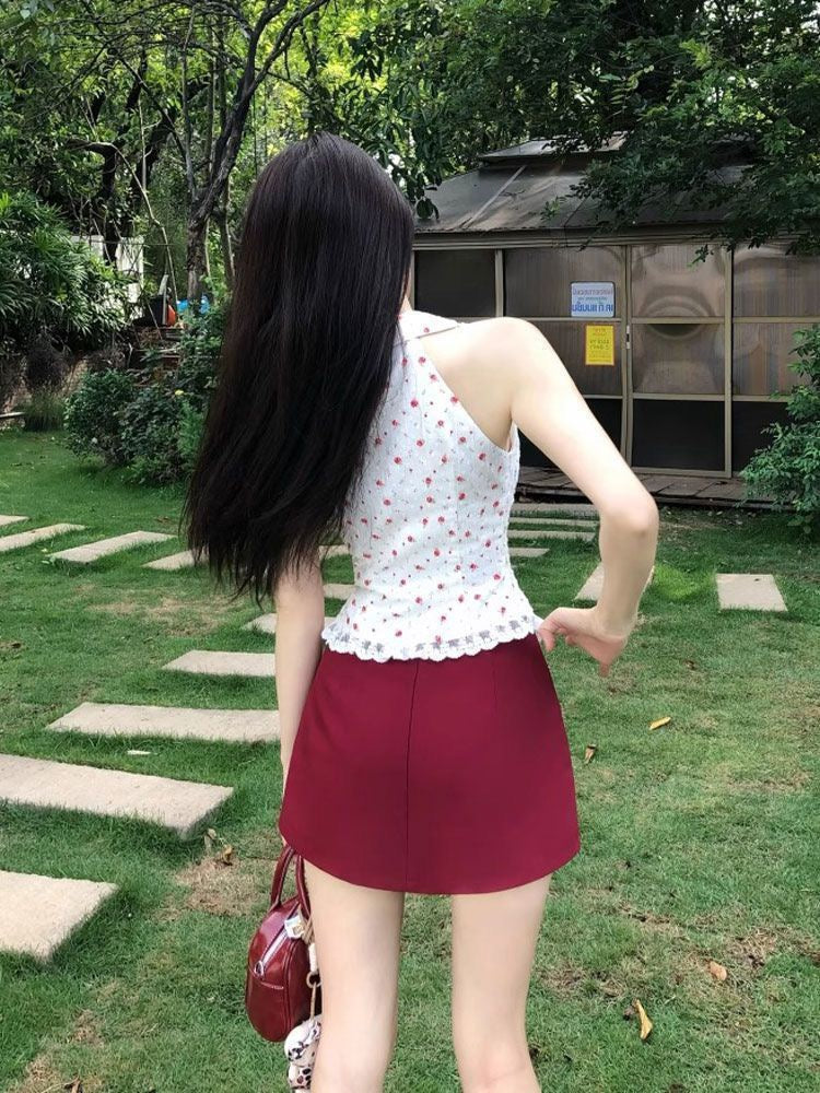 Floral White Top + Wine Red Skirt Two Piece Set (S)预订优惠 不接急单