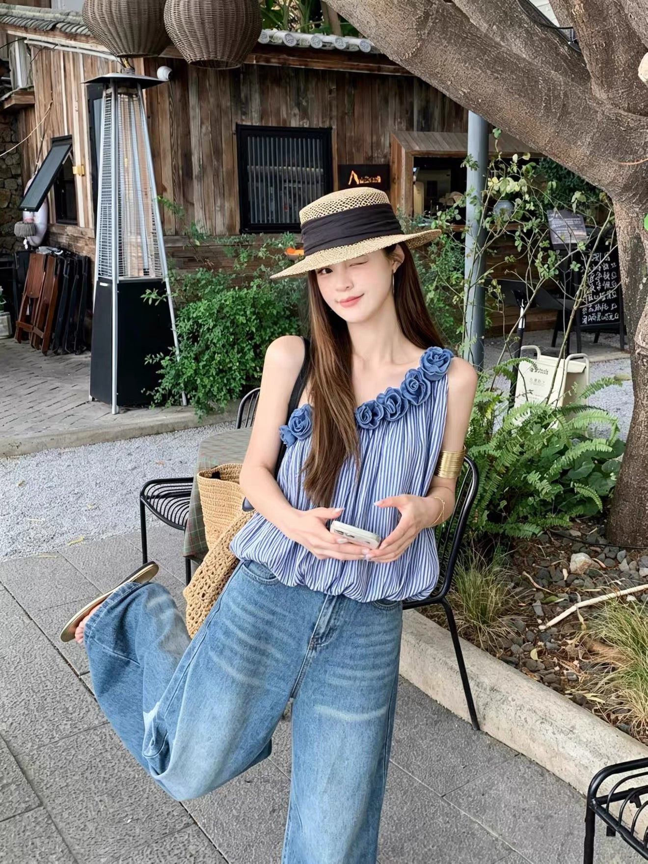 3D Rose Collar Off Side Shoulder Top