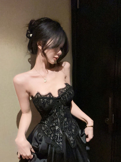 Black Lace Top + Skirt Two Piece Set (S)