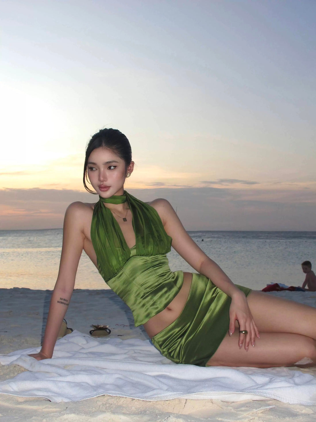 Green Top + Low Waist Skirt Two Pieces Set