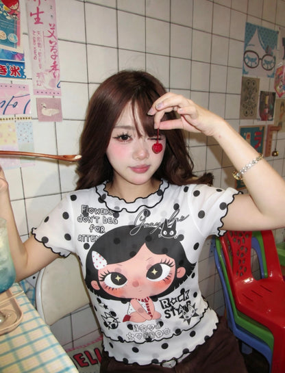Black Dot White Mesh Top