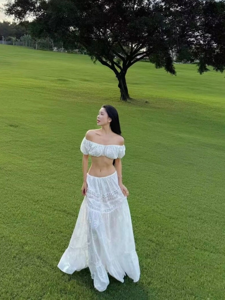 White Off Shoulder Crop Top Long Skirt Three Pieces Set