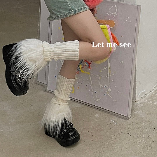 S018 Colour Bottom Furry Midi Socks