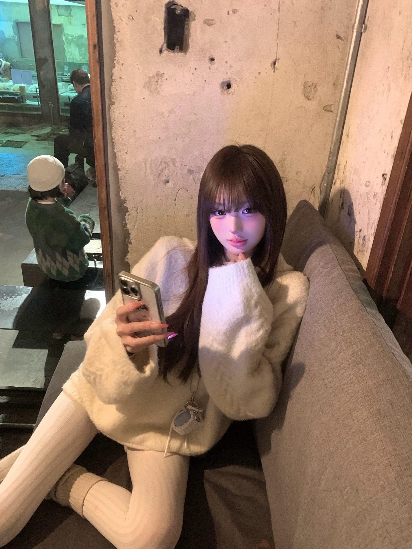 Thick Hoodie Cream Knitted Top + Shorts Two Piece Set