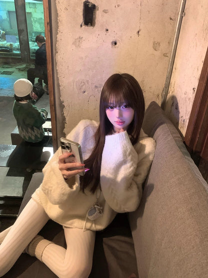 Thick Hoodie Cream Knitted Top + Shorts Two Piece Set