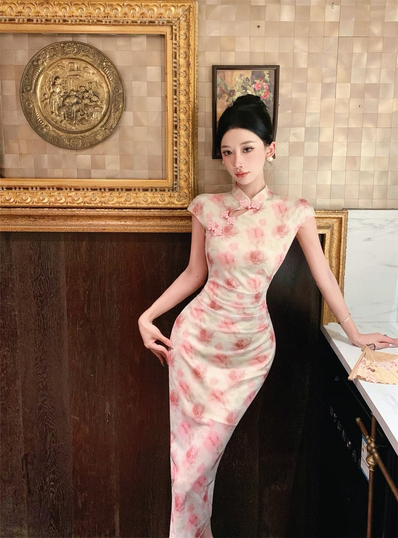 Pink Rose Beige Cheongsam CD020 Long Dress (S)