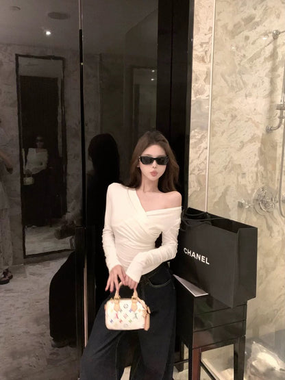White Thin V Collar Long Sleeve Top
