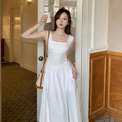 Side Tie Sleeveless White Long Dress