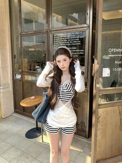 Stripe Singlet + Shorts + White Top Three Pieces Set