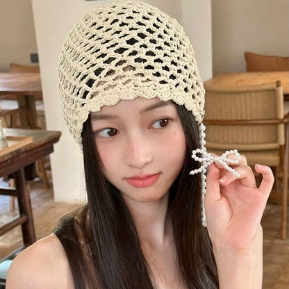 Pearl Ribbon Knitted Embroidery Hat (Red)