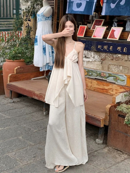 Bohemian Strap Top + Skirt Two Piece Set (Cream)