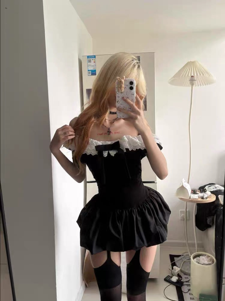 White Lace Collar Black Dress + Shorts Two Piece Set