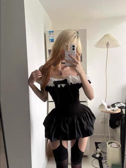 White Lace Collar Black Dress + Shorts Two Piece Set