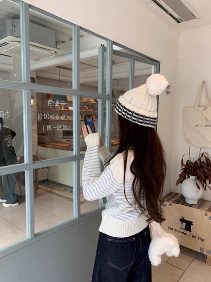 Stripe Long Sleeve Knitted Top (Red, Blue)