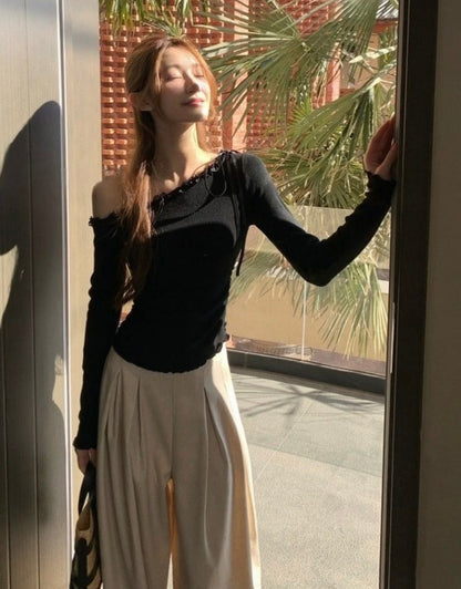 Off Side Shoulder Long Sleeve Top