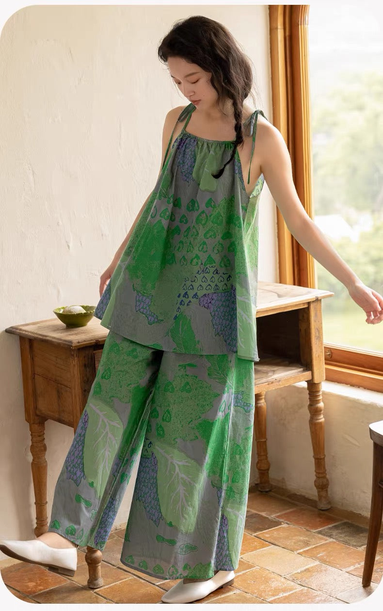 Green Top + Long Pants Two Piece Set