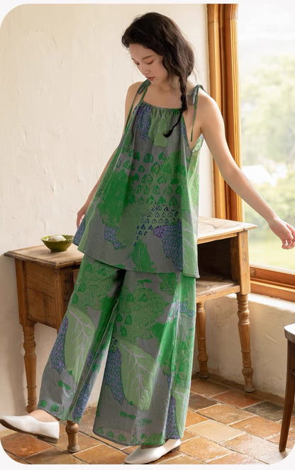 Green Top + Long Pants Two Piece Set