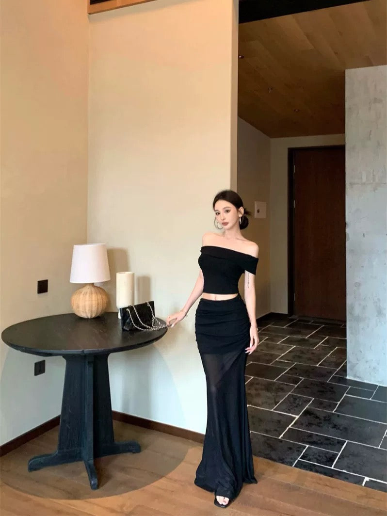 Black Off Shoulder Crop Top + Mesh Long Skirt Two Pieces Set