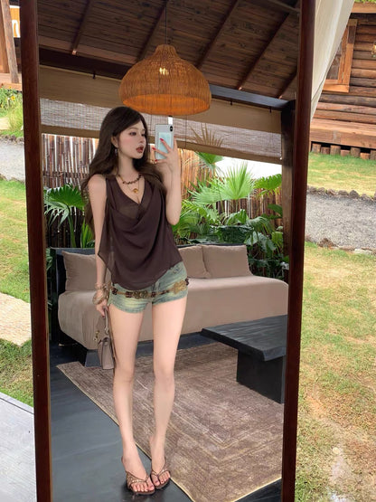 Chocolate Mesh V Collar Top