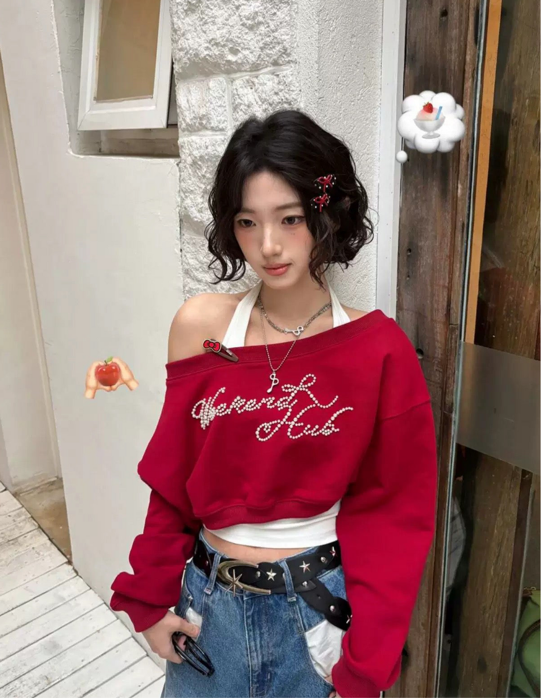 Wine Red Long Sleeve Crop Top+White Inner Top