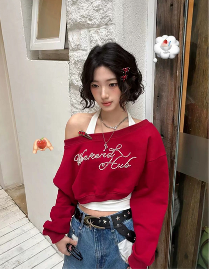 Wine Red Long Sleeve Crop Top+White Inner Top