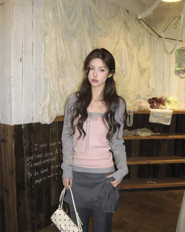 Pink Grey Top + Cardigan Two Piece Set