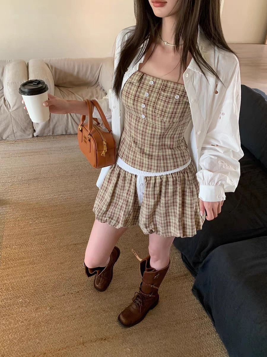 Khaki Grid Top + Skort Two Piece Set