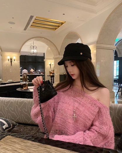 Off Shoulder Long Sleeve Pink Knitted Top