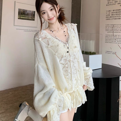 Lantern Sleeve Knitted Cardigan Top