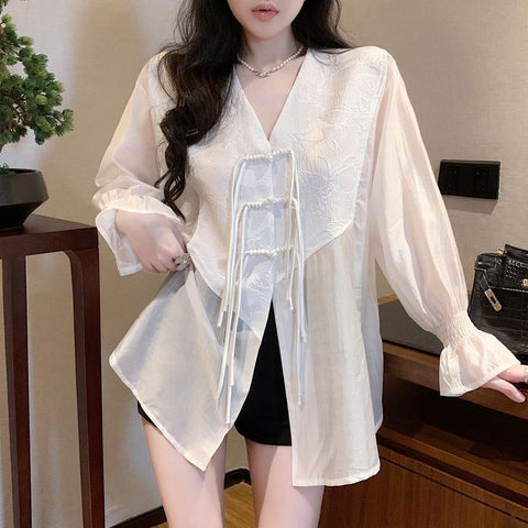 White Mesh Sleeve Cheongsam Top