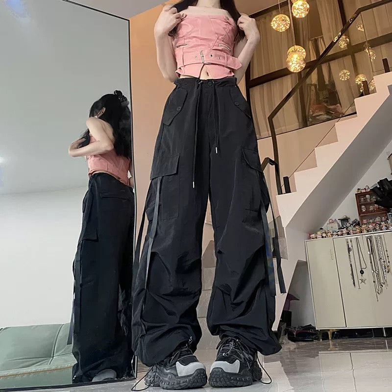 High Waist Strap Cargo Long Pants (Red, Black)