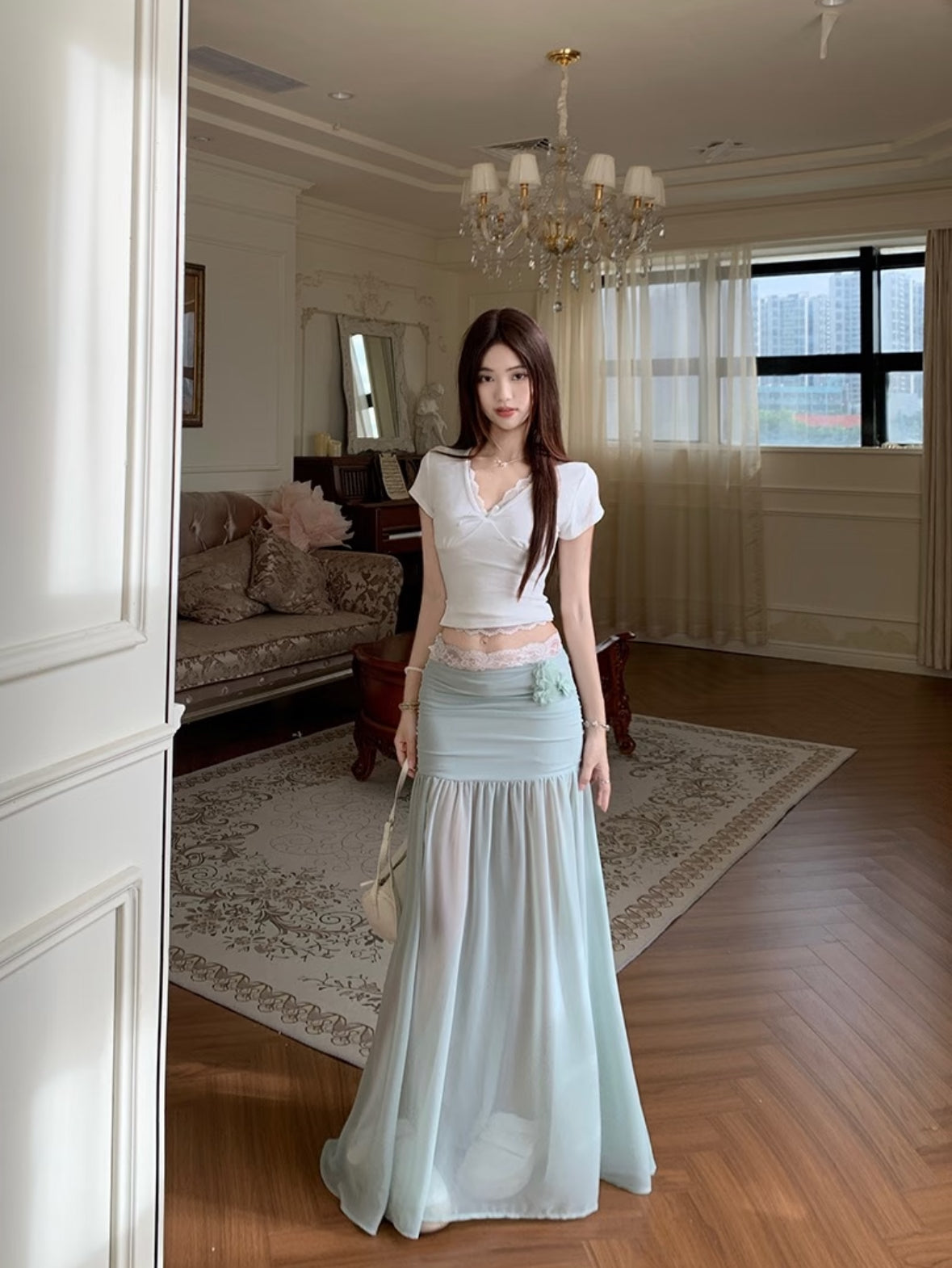 White Top + Mint Skirt Two Piece Set