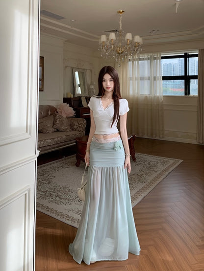 White Top + Mint Skirt Two Piece Set