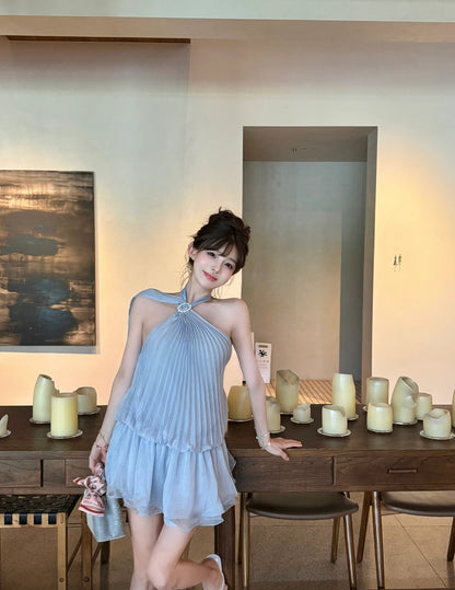 Chiffon Blue Pleated Dress