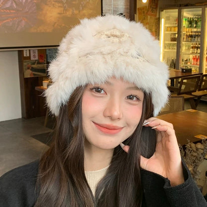 H32 Cream Rose Furry Braid Hat