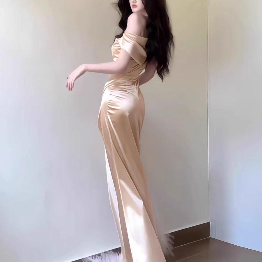 Silky Champagne Off Shoulder Maxi Long Dress (S)