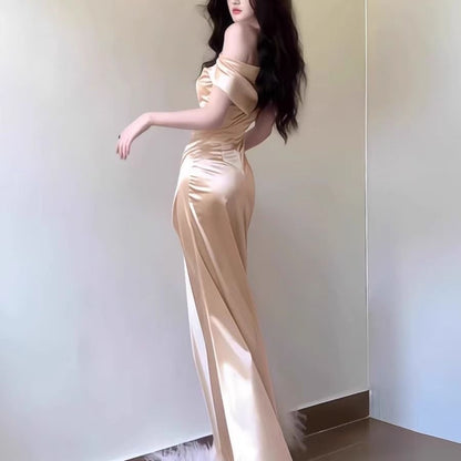 Silky Champagne Off Shoulder Maxi Long Dress (S)