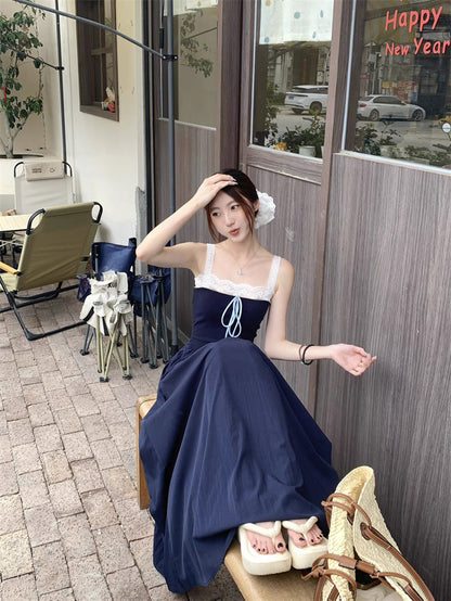 Laces Strap Navy Long Dress
