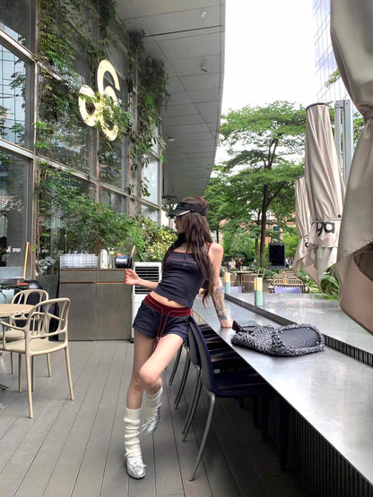 Navy Strap Top + Low Waist Shorts Two Pieces Set Homewear