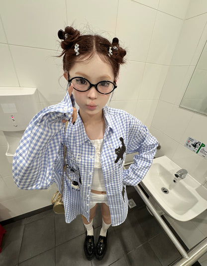 Cute Print Ginham Long Sleeve Shirt (Blue, Yellow)