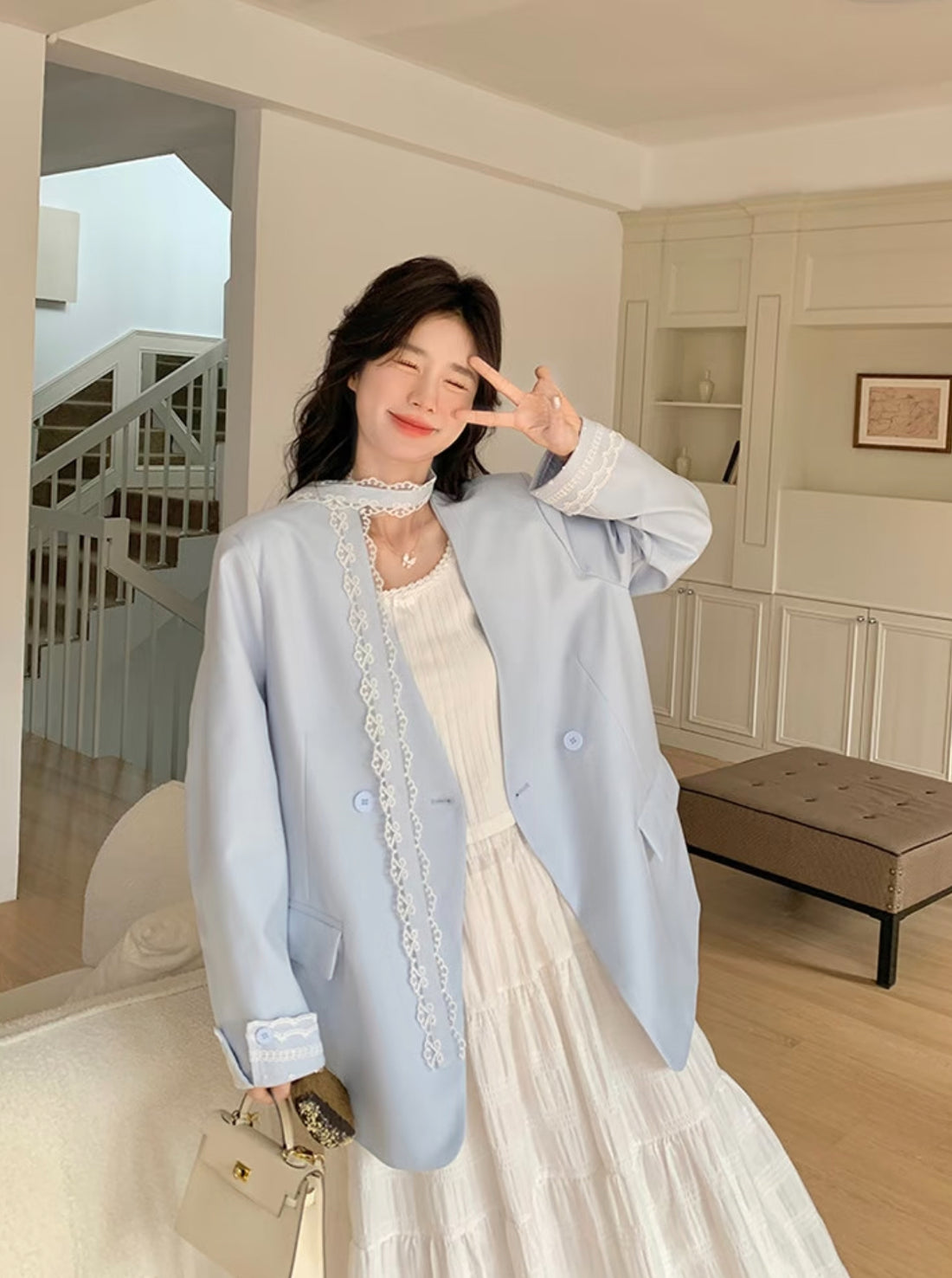 Blue Mix Lace Blazer Long Sleeve Jacket with Strap