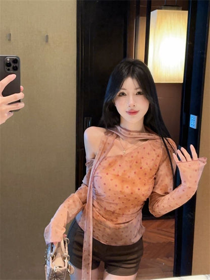 Mini Dot Off Shoulder Long Sleeve Mesh Top
