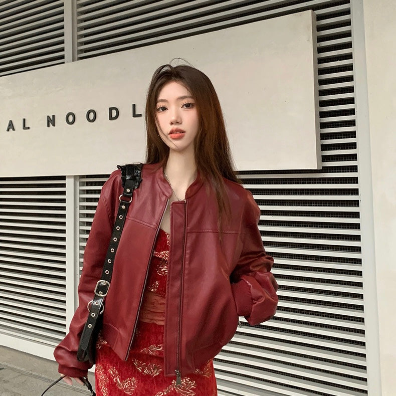 Wine Red PU Leather Jacket