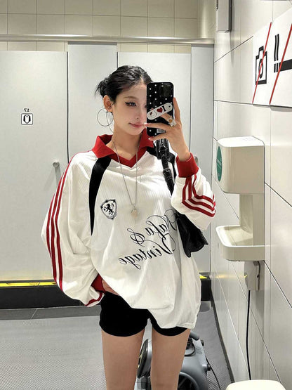 No93 Red Collar White Long Sleeve Ball Top