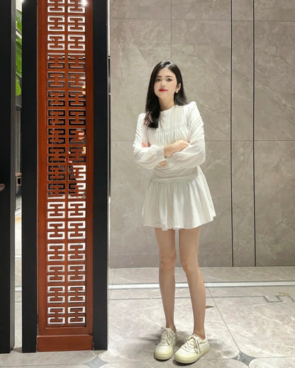 Round Collar Cream Long Sleeve Dress
