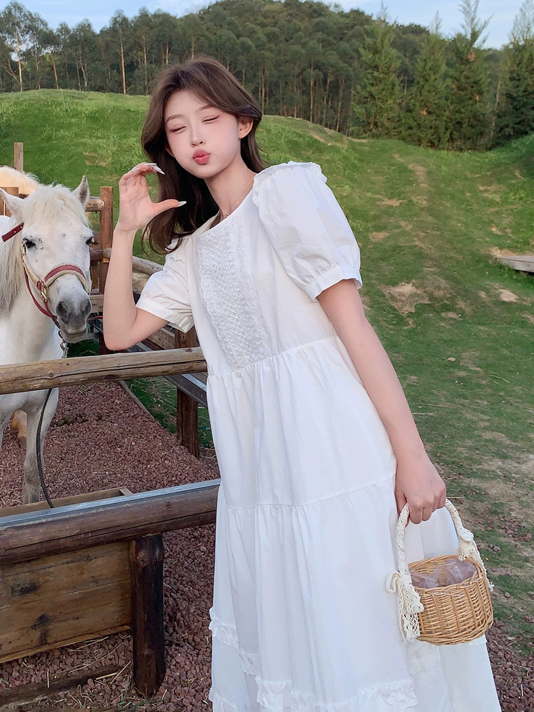 White Puff Sleeve Wide Long Dress