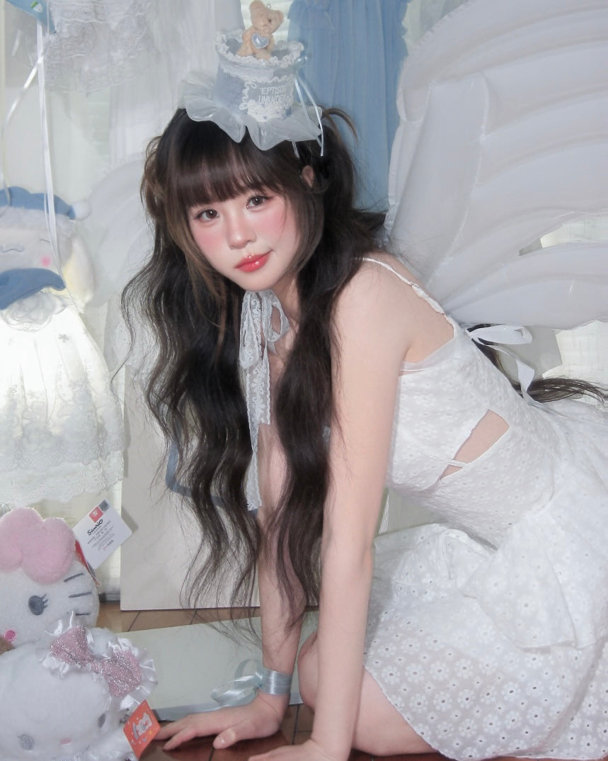 White Embroidery Waist Cut Short Dress (S)