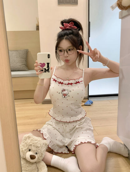 Kitty White Strap Top + Shorts Two Pieces Set Homewear Pyjamas